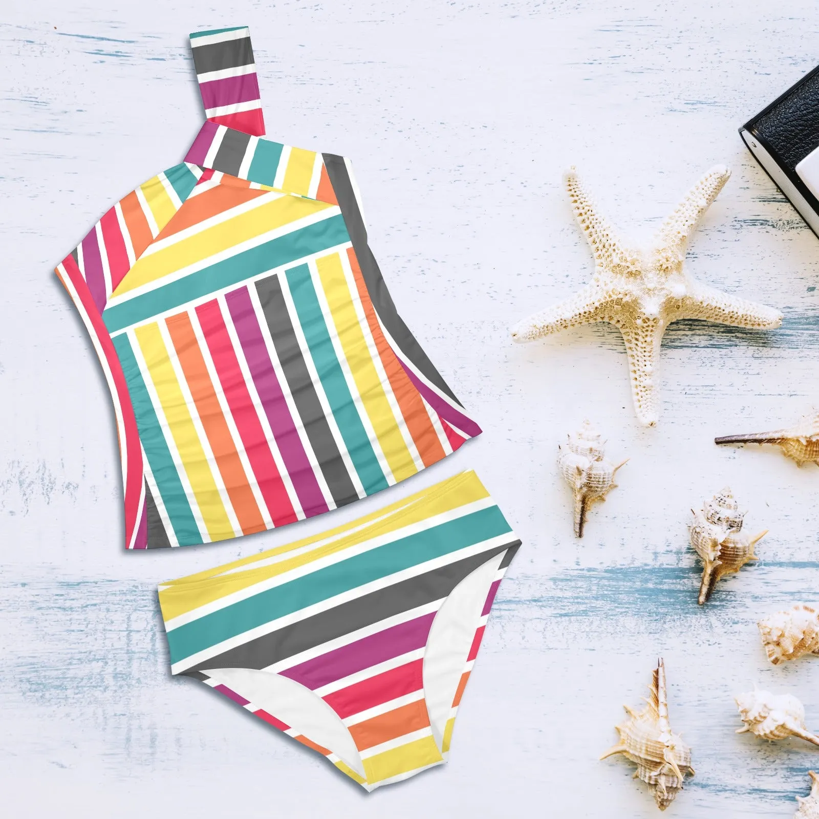 6 COLOR PALLETTE STRIPED FITTED SKIRT PRINT Women's One Shoulder Backless Swimsuit (Model S44)