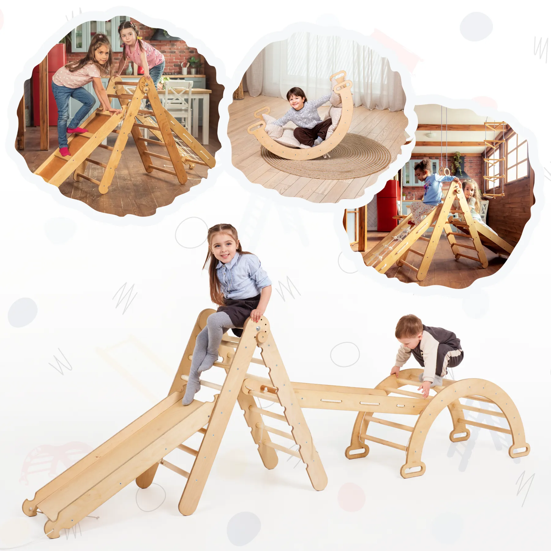 6in1 Montessori Climbing Frame Set: Triangle Ladder   Arch/Rocker   Slide/Ramp   Net   Cushion   Art Addition