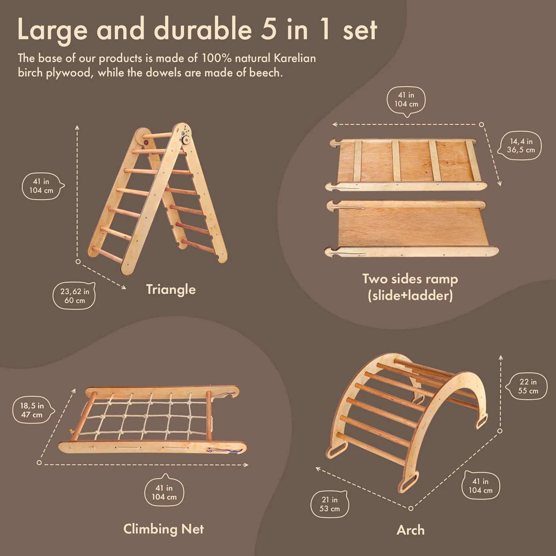 6in1 Montessori Climbing Frame Set: Triangle Ladder   Arch/Rocker   Slide/Ramp   Net   Cushion   Art Addition