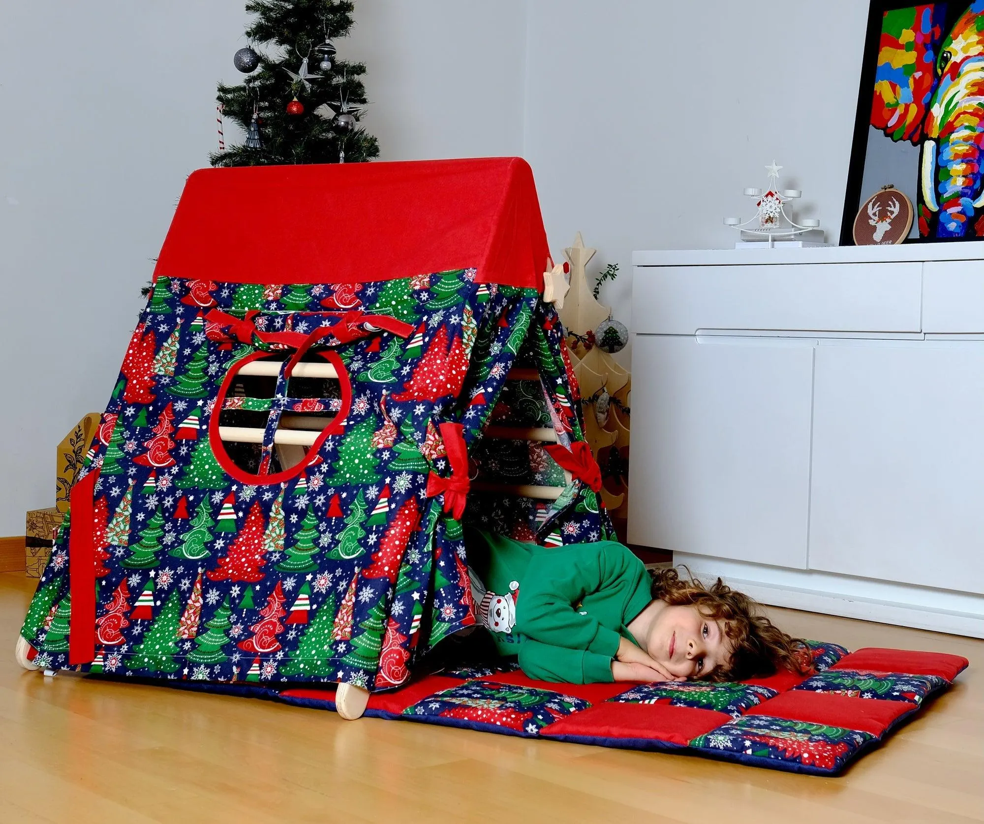 Climbing Triangle With Christmas Tent Cover, Mat, Ramp | Foldable Montessori Play Set