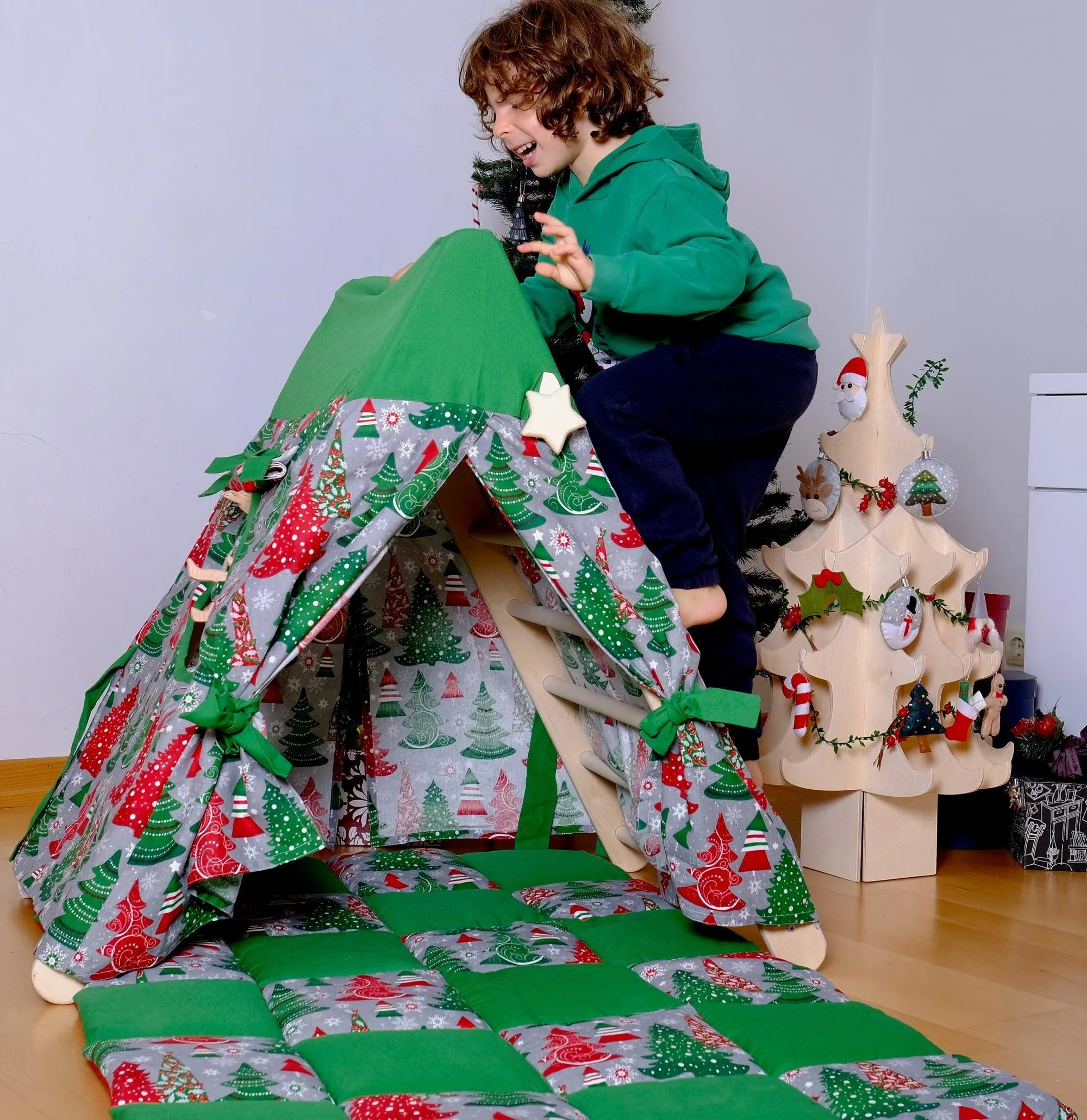 Climbing Triangle With Christmas Tent Cover, Mat, Ramp | Foldable Montessori Play Set