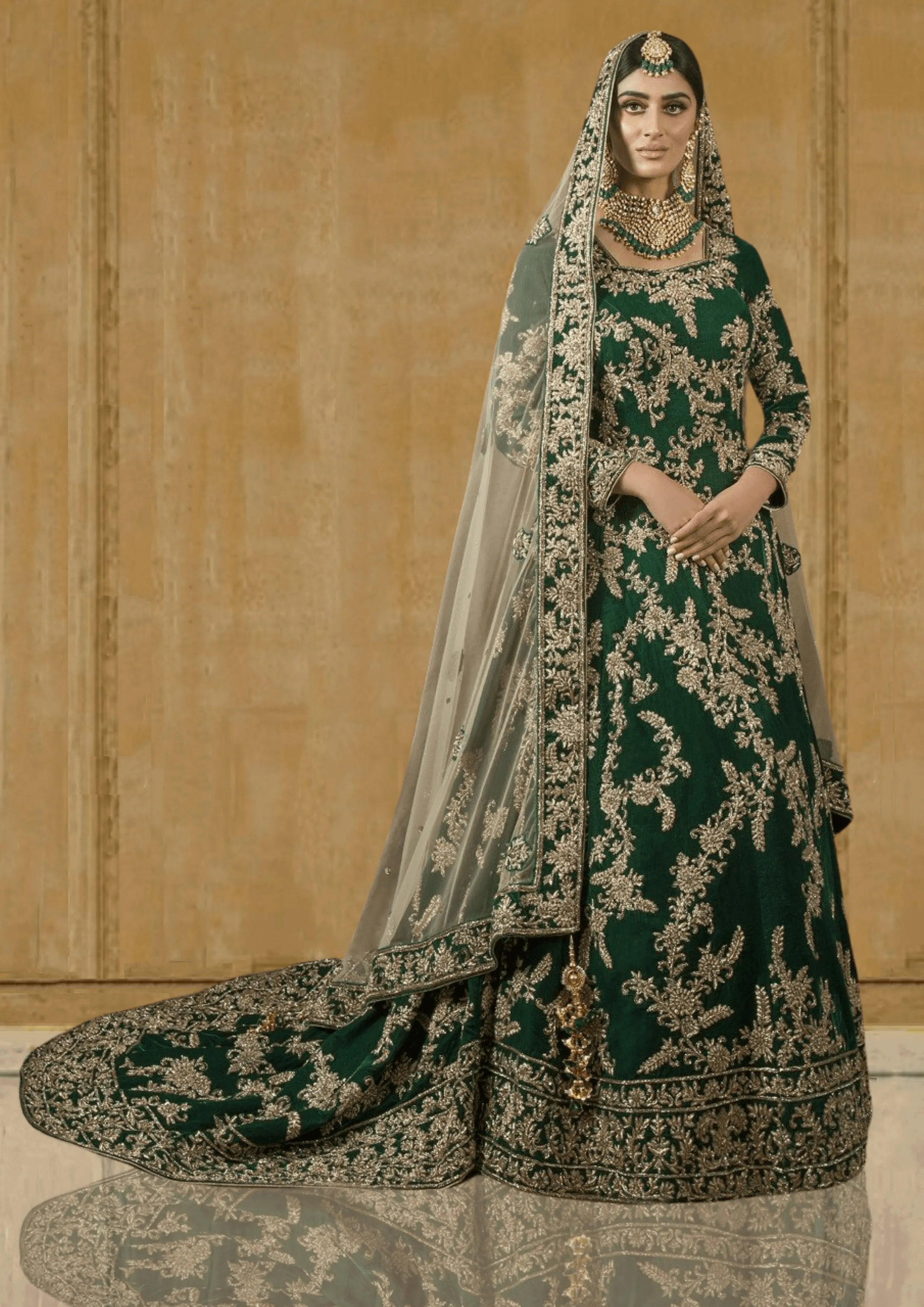 Glorious Green Velvet Gown trail With Beige Net Dupatta