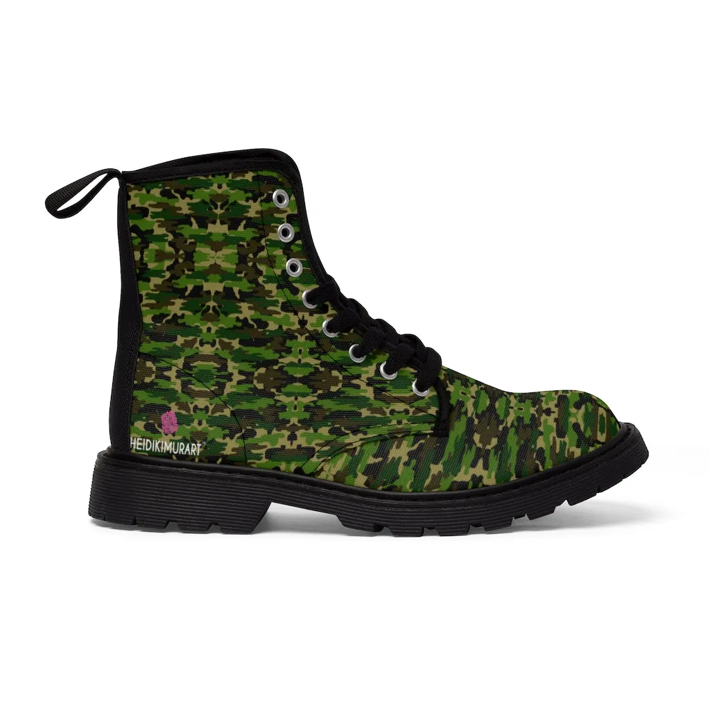 Green Camo Men's Boots, Multi-Camo Lace Up Combat Canvas Boots Shoes For Men (US Size: 7-10.5)