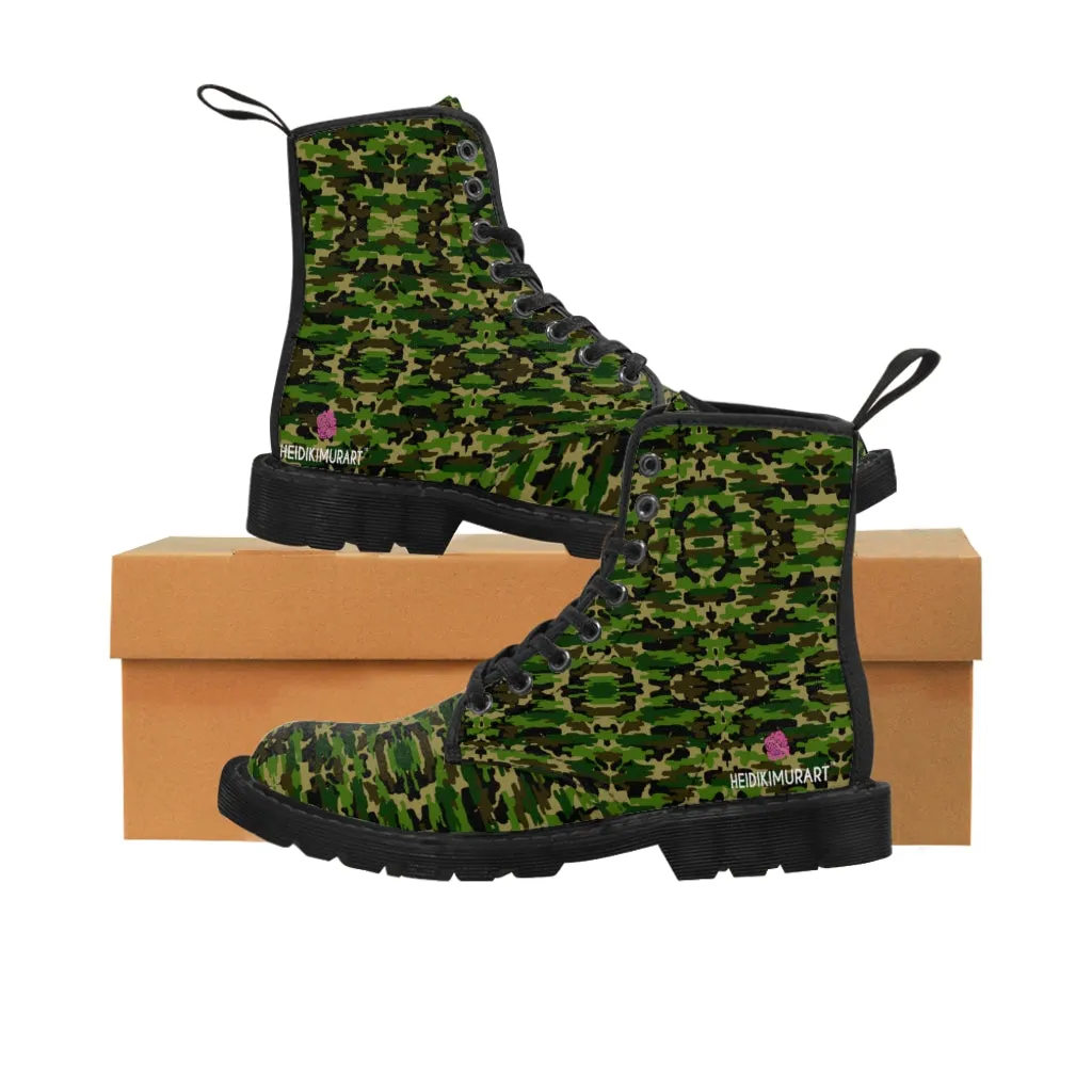Green Camo Men's Boots, Multi-Camo Lace Up Combat Canvas Boots Shoes For Men (US Size: 7-10.5)