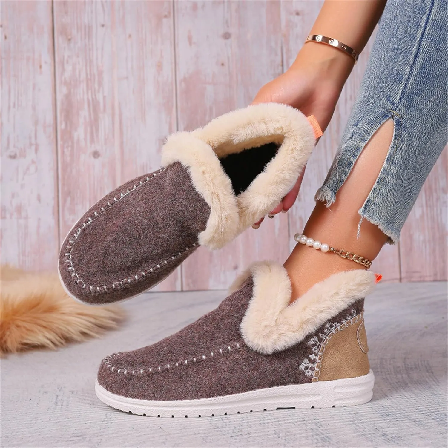 Ladmiple Booties For Women 2024 Warm Fur Lined Winter Snow Boots Outdoor Short Ankle Booties Slip On Fashion Loafers Shoes