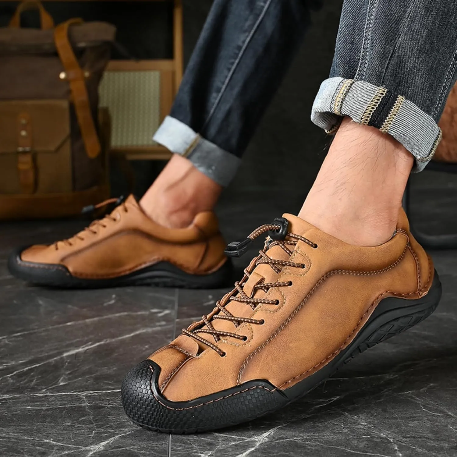 Men's Casual Driving Loafers with Elastic Band & Quick-Lace System - Slip-Resistant Outsole Shoes with Handmade Stitching Comfort Stitch Sole for Office Outdoor Activities Daily Wear
