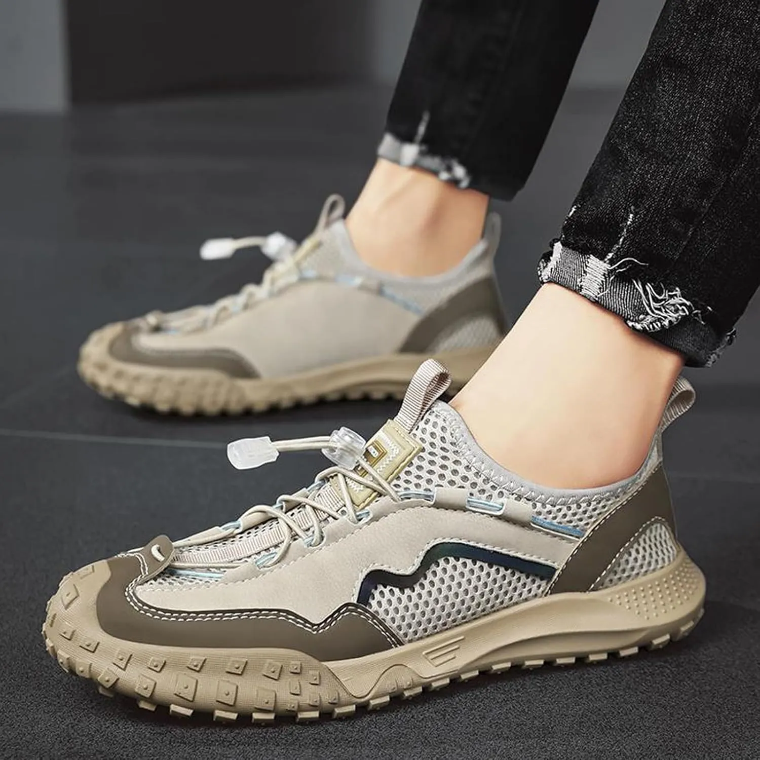 Men's Mesh Adjustable Elastic Strap Flat Sneakers Fashion Slip-on Gym Tennis Cross Trainer Shoes Breathable Non-Slip Running Driving Casual Shoes