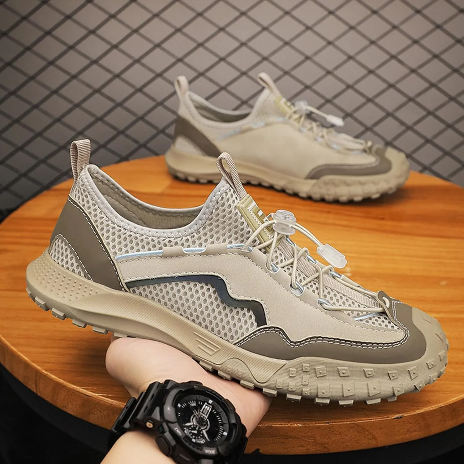 Men's Mesh Adjustable Elastic Strap Flat Sneakers Fashion Slip-on Gym Tennis Cross Trainer Shoes Breathable Non-Slip Running Driving Casual Shoes