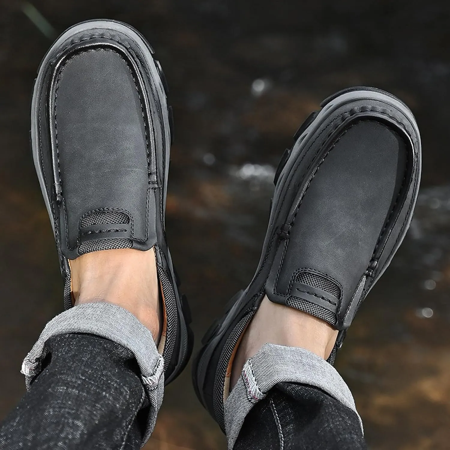 Mens Slip On Leather Loafers Casual Walking Shoes - Breathable Non Slip Cushioned Comfort | Handmade Stitching Reinforced Collar | Dress Office Work Outdoor Hiking Driving Shoes