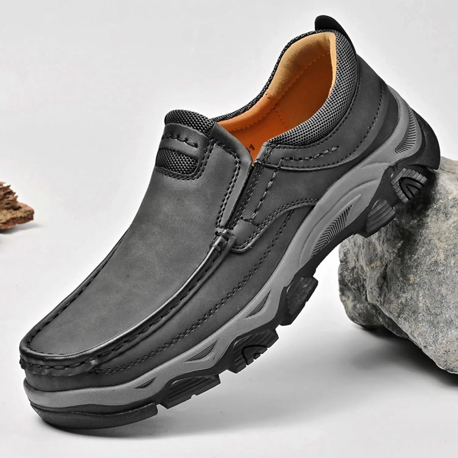 Mens Slip On Leather Loafers Casual Walking Shoes - Breathable Non Slip Cushioned Comfort | Handmade Stitching Reinforced Collar | Dress Office Work Outdoor Hiking Driving Shoes