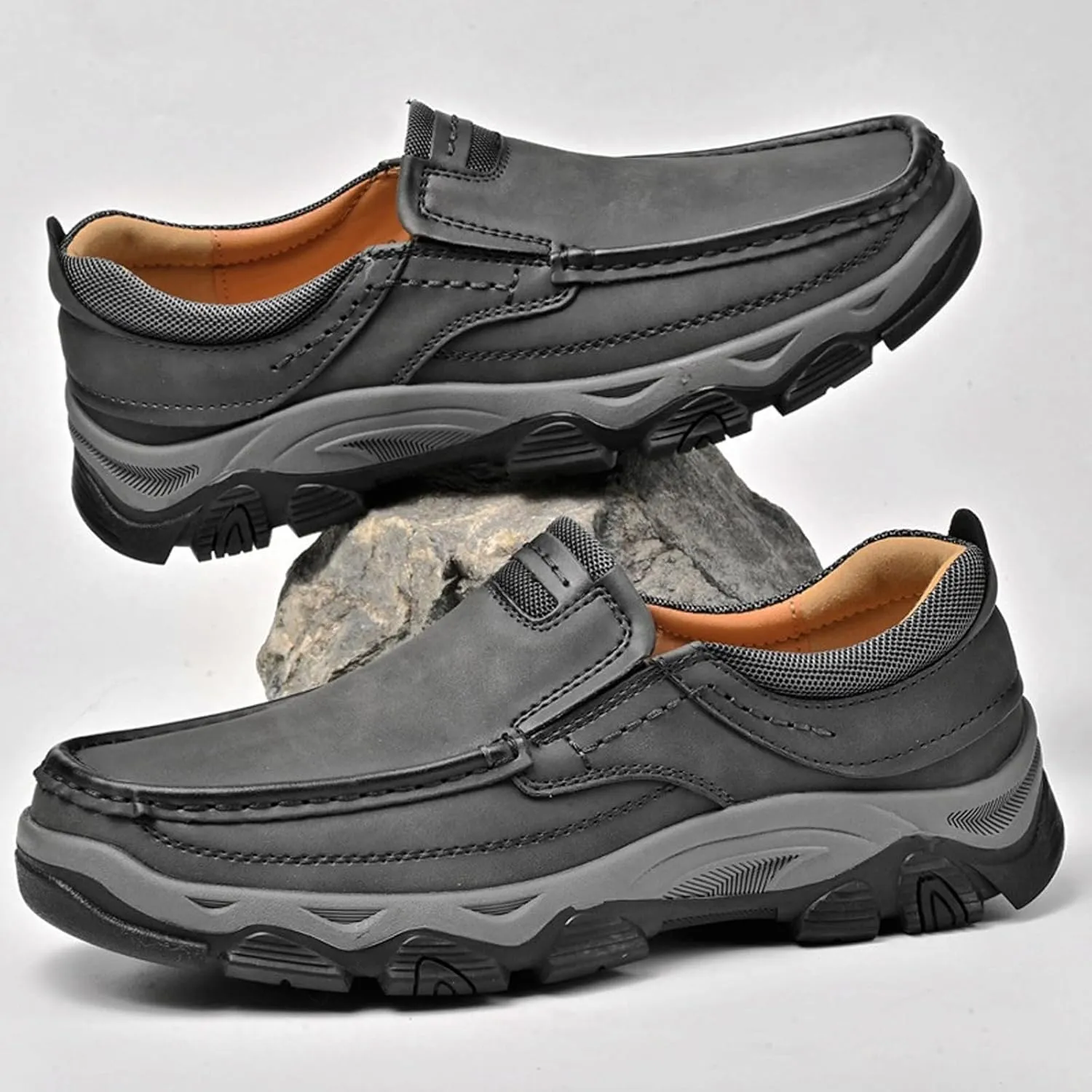 Mens Slip On Leather Loafers Casual Walking Shoes - Breathable Non Slip Cushioned Comfort | Handmade Stitching Reinforced Collar | Dress Office Work Outdoor Hiking Driving Shoes