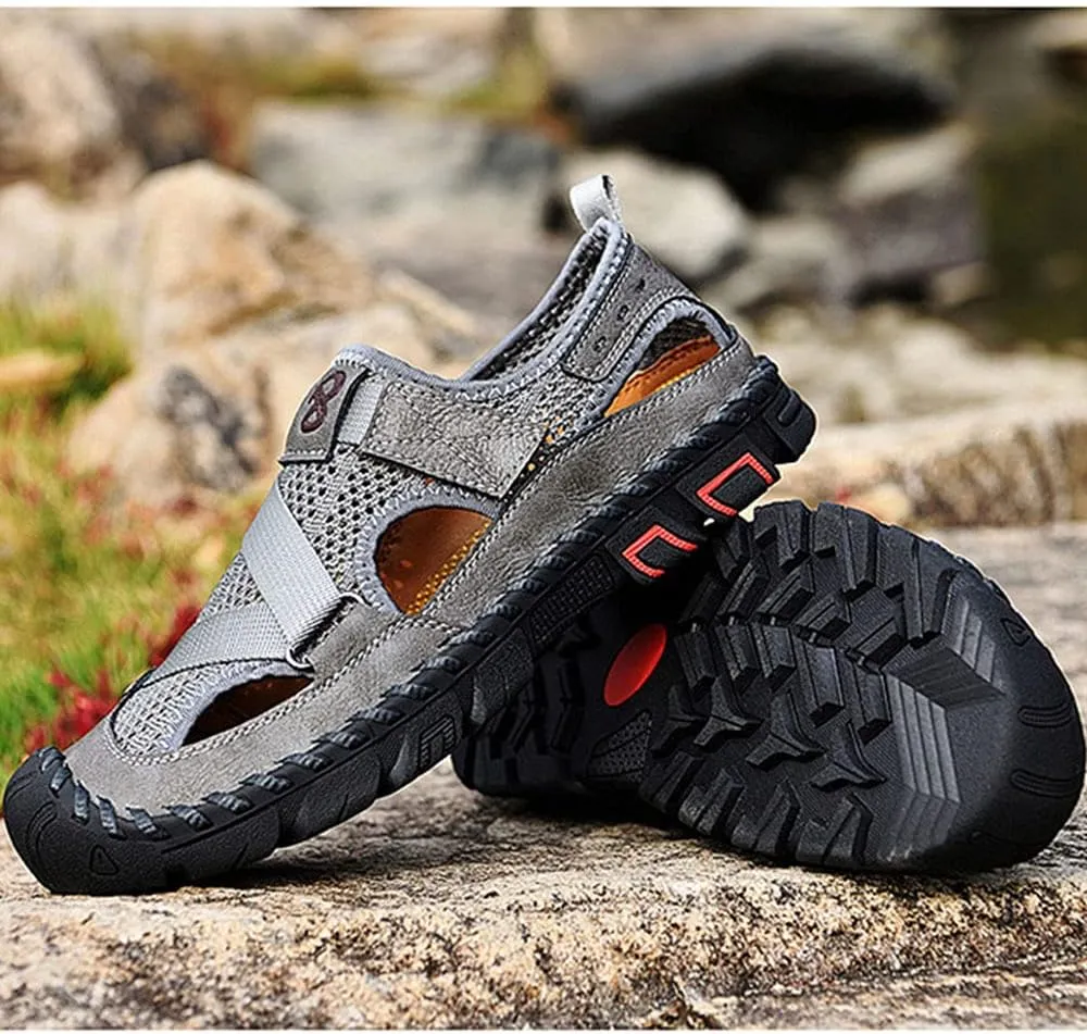 QINGCOMFACAI Mens Summer Casual Closed Toe Leather Handmade Sandals Outdoor Fisherman Beach Shoes For Outdoor Walking Driving