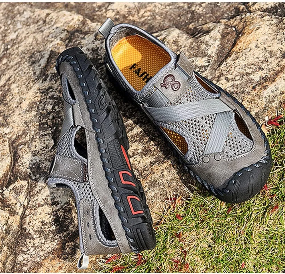 QINGCOMFACAI Mens Summer Casual Closed Toe Leather Handmade Sandals Outdoor Fisherman Beach Shoes For Outdoor Walking Driving