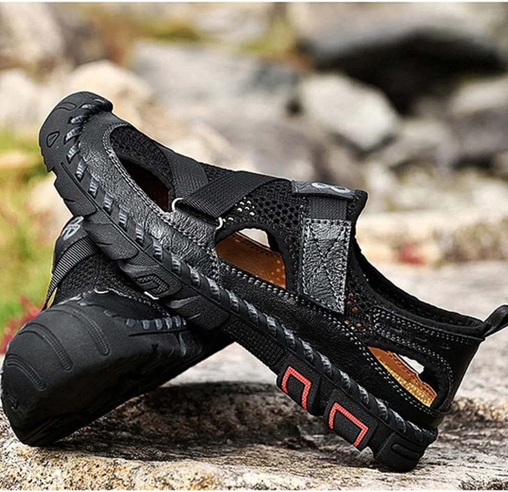 QINGCOMFACAI Mens Summer Casual Closed Toe Leather Handmade Sandals Outdoor Fisherman Beach Shoes For Outdoor Walking Driving