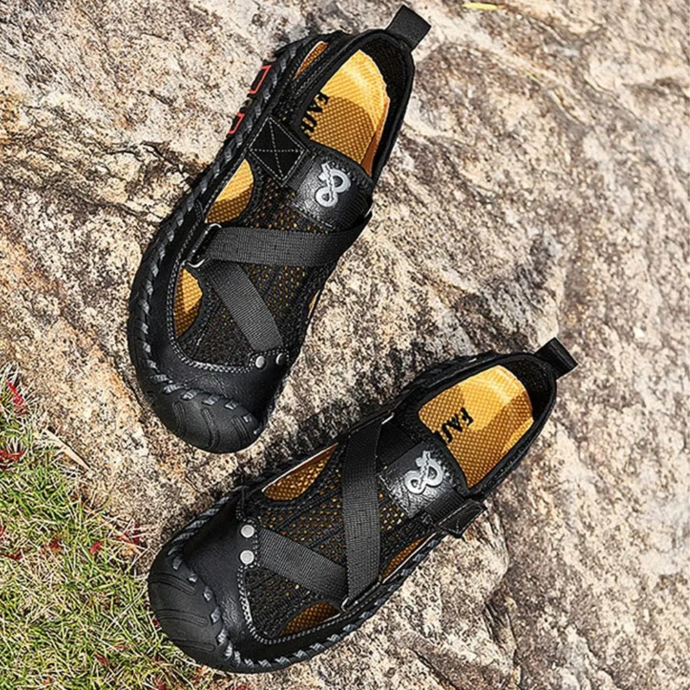 QINGCOMFACAI Mens Summer Casual Closed Toe Leather Handmade Sandals Outdoor Fisherman Beach Shoes For Outdoor Walking Driving