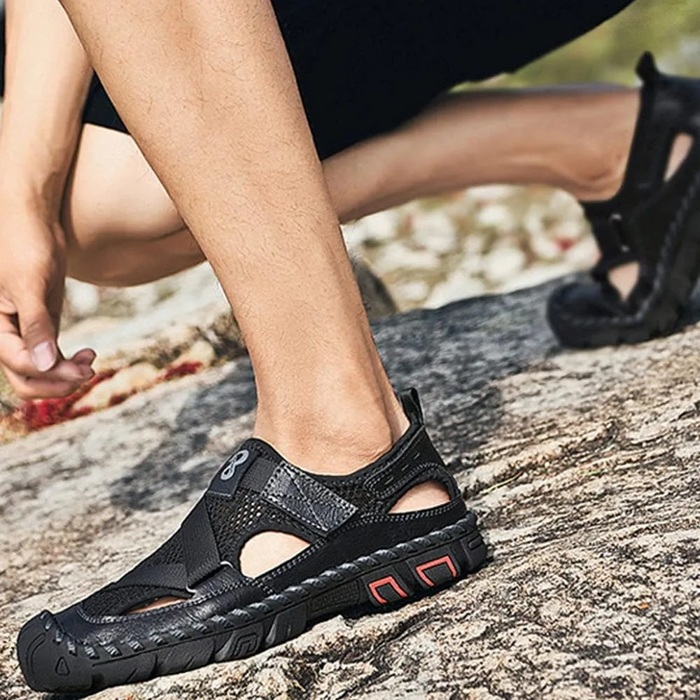 QINGCOMFACAI Mens Summer Casual Closed Toe Leather Handmade Sandals Outdoor Fisherman Beach Shoes For Outdoor Walking Driving