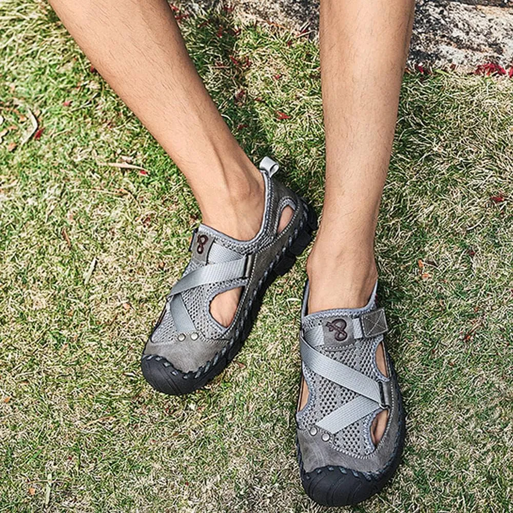QINGCOMFACAI Mens Summer Casual Closed Toe Leather Handmade Sandals Outdoor Fisherman Beach Shoes For Outdoor Walking Driving