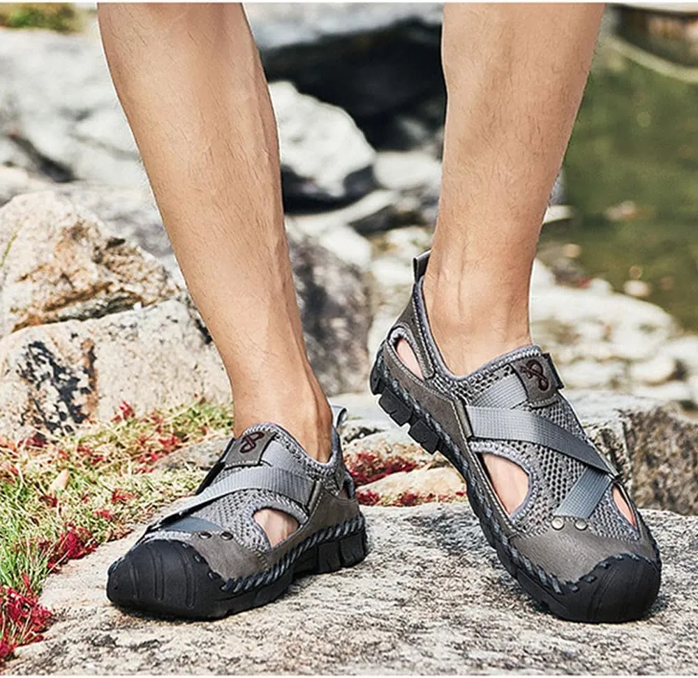 QINGCOMFACAI Mens Summer Casual Closed Toe Leather Handmade Sandals Outdoor Fisherman Beach Shoes For Outdoor Walking Driving