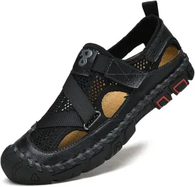 QINGCOMFACAI Mens Summer Casual Closed Toe Leather Handmade Sandals Outdoor Fisherman Beach Shoes For Outdoor Walking Driving