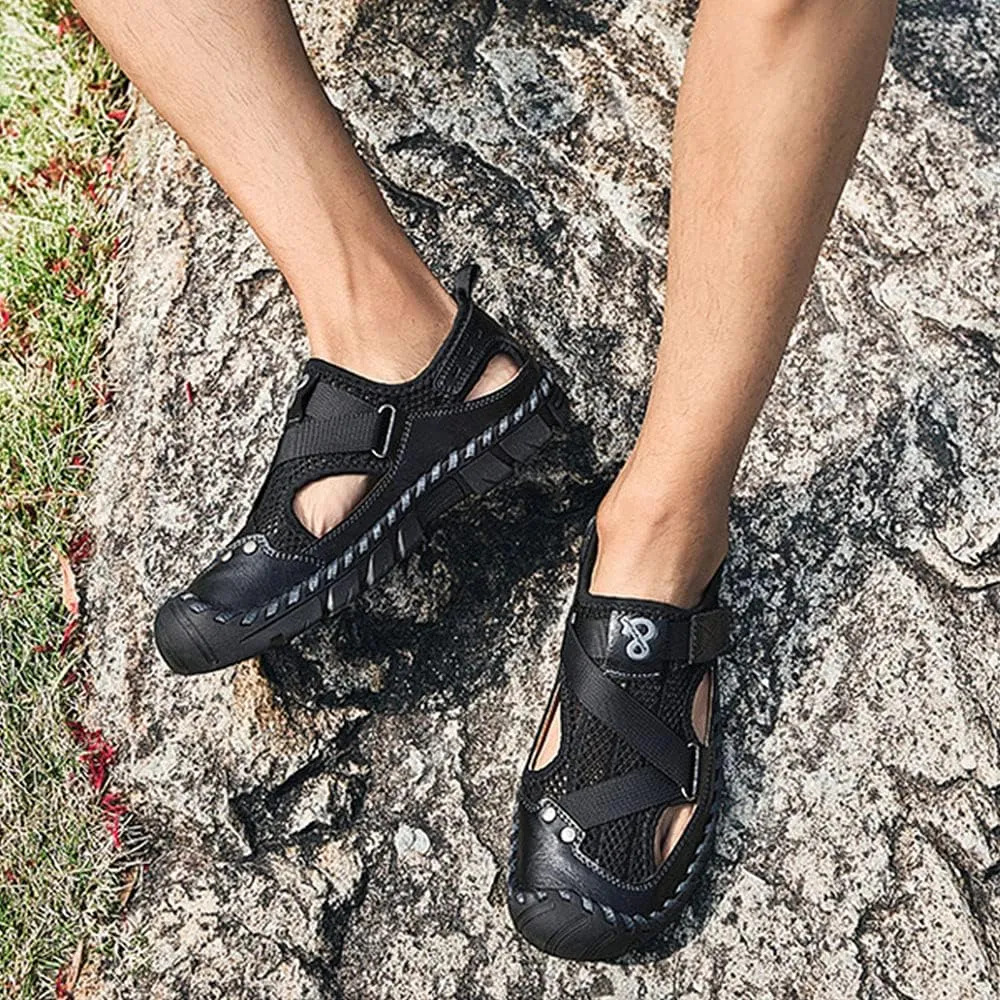 QINGCOMFACAI Mens Summer Casual Closed Toe Leather Handmade Sandals Outdoor Fisherman Beach Shoes For Outdoor Walking Driving