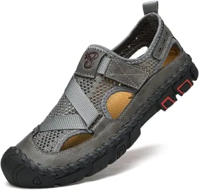 QINGCOMFACAI Mens Summer Casual Closed Toe Leather Handmade Sandals Outdoor Fisherman Beach Shoes For Outdoor Walking Driving