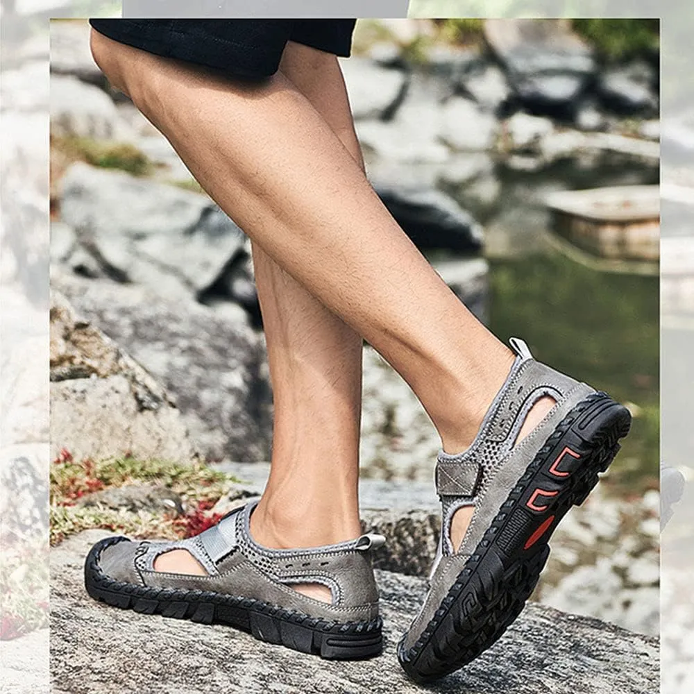 QINGCOMFACAI Mens Summer Casual Closed Toe Leather Handmade Sandals Outdoor Fisherman Beach Shoes For Outdoor Walking Driving