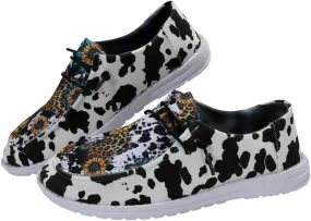 Women's Milky Cow Print Slip-On Loafers - Lightweight Comfortable Casual Shoes with Elastic Laces, Foam Outsole, Orthotic Walking Shoes for Daily Wear, US 6-10