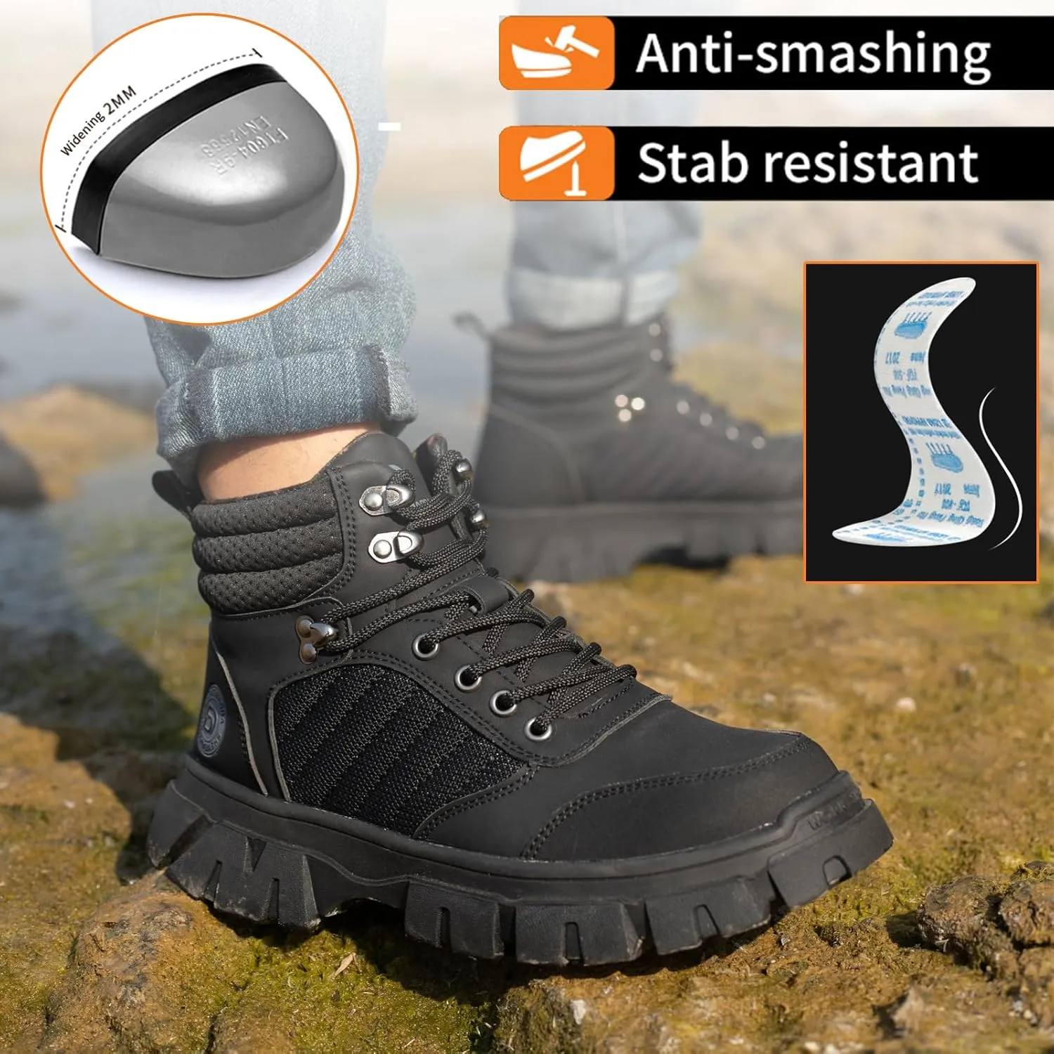 Work Safety Boots for Men Waterproof Lightweight Leather Mid Cut Arch Support Steel Toe Construction Sneakers