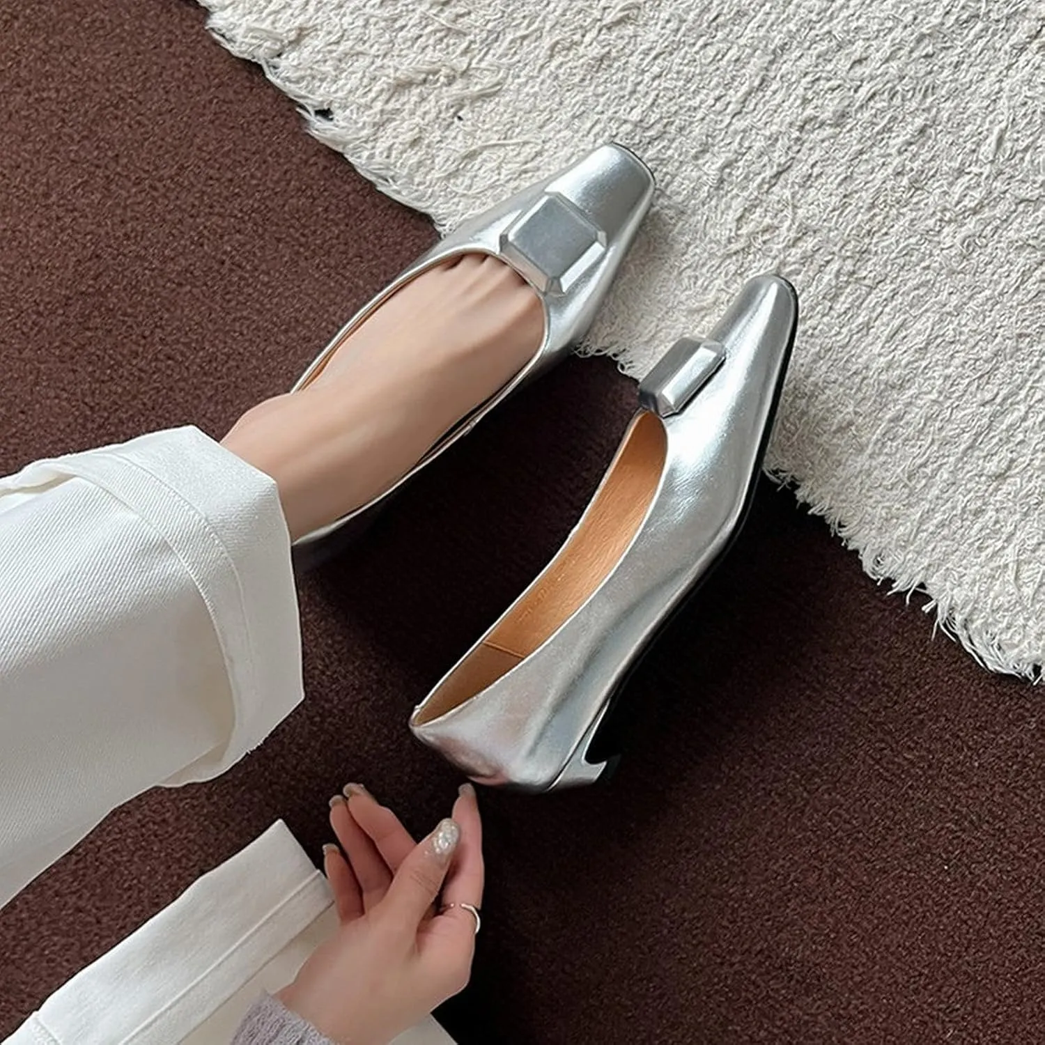 XIEDA Women's Genuine Leather Low Heel Square Toe Comfortable Work Pumps Dress Shoes